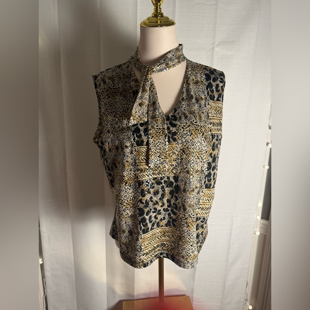 Cino Black and Tan Sleeveless Blouse with Tie Front XL
